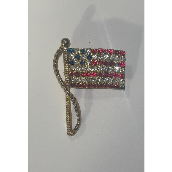 Vintage Rafaelian American Flag Brooch Pin Brass Rhinestone - Picture 2 of 10